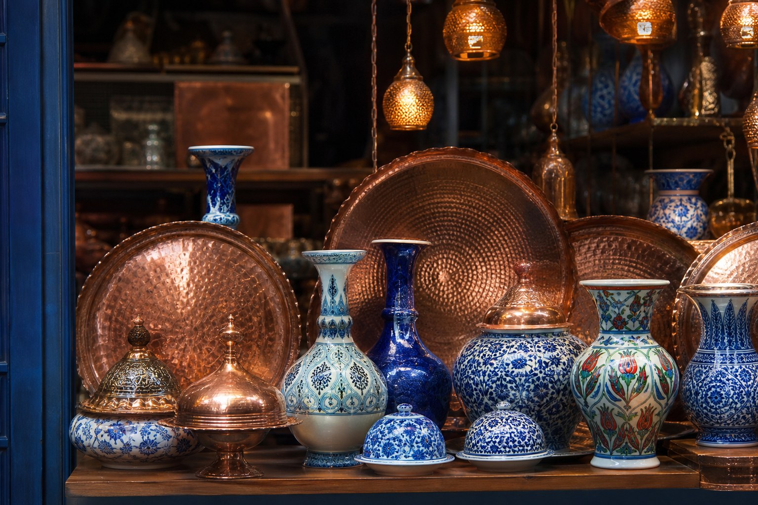 El yapımı seramik vazolar ve bakır tepsiler